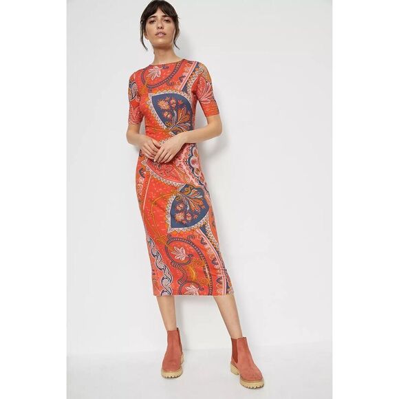 Farm Rio X Anthropologie Giannina Knit Midi Dress Orange Multi Size S - Picture 3 of 12